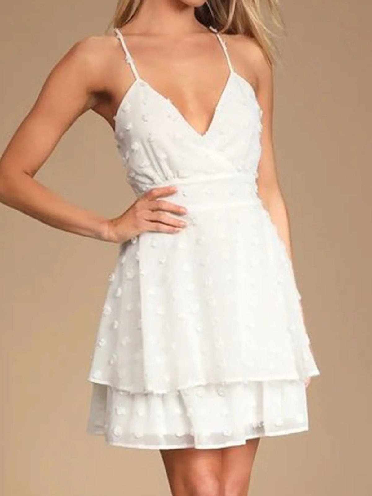 Swiss Dot Surplice V-Neck Spaghetti Strap Tiered Ruffle Mini Dress