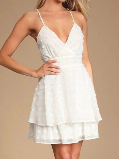 Swiss Dot Surplice V-Neck Spaghetti Strap Tiered Ruffle Mini Dress