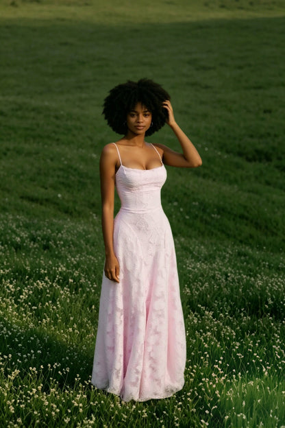 Spaghetti Strap Square Neck Floral Lace A-Line Floor Length Gown