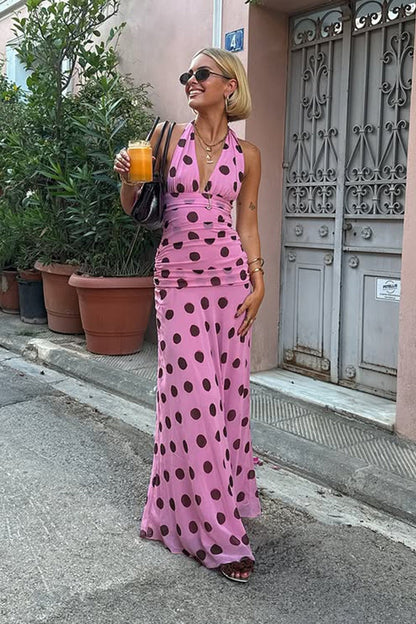 Pink Polka Dot Halter V-Neck Colorblock Bodycon Maxi Dress