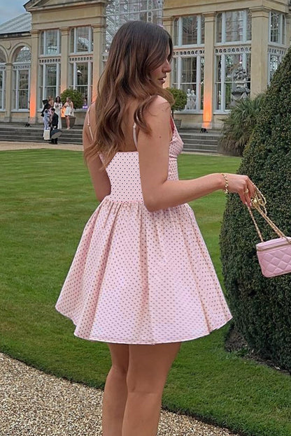 Polka Dot Scalloped Deep V-Neck Bow Detail Fit and Flare Mini Dress