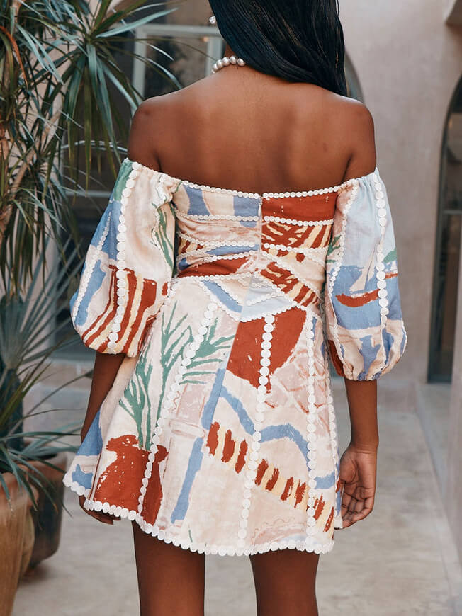 Off Shoulder Puff Sleeve Lace Trim Coastal Print Mini Dress