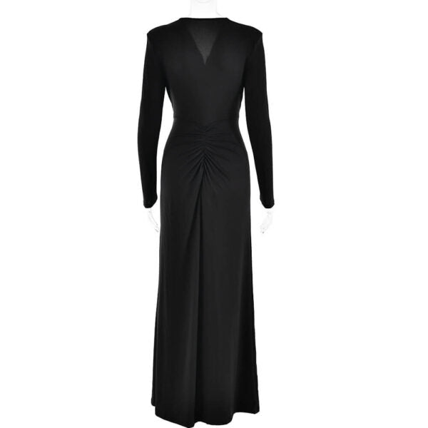 Plunging V Neck Long Sleeve Ruched Twist Front Split Maxi Dress