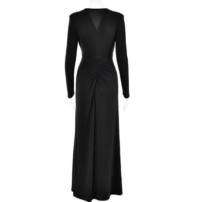 Plunging V Neck Long Sleeve Ruched Twist Front Split Maxi Dress
