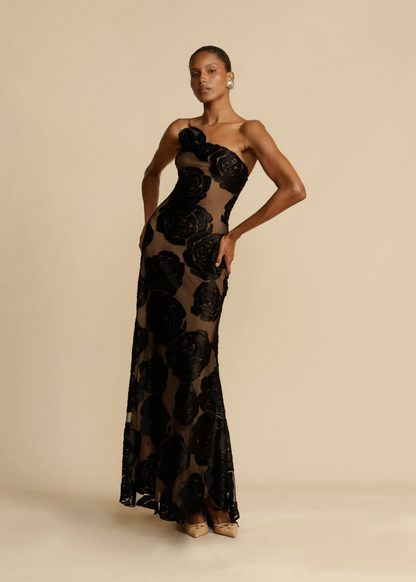 One Shoulder 3D Rosette Burnout Floral Mesh Column Maxi Gown