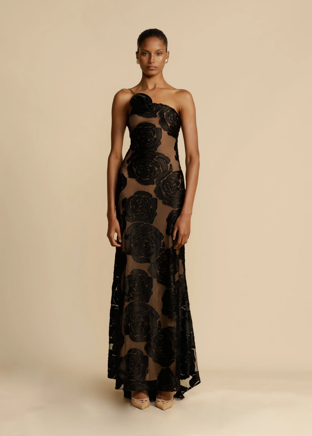 One Shoulder 3D Rosette Burnout Floral Mesh Column Maxi Gown