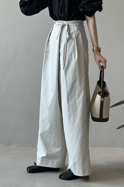 Asymmetrical Placket Tie Relaxed High Waist Long Pants