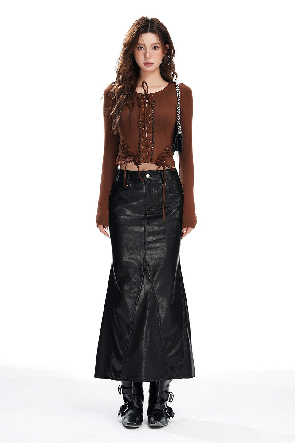 High Waist PU Back Slit Pencil Skirt