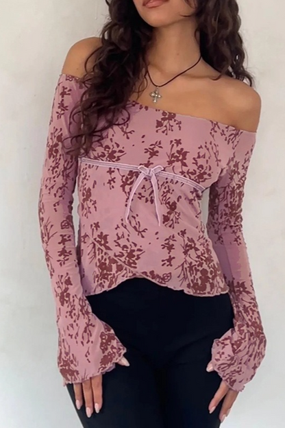 Velvet Mesh Off Shoulder Bow Tie Flare Sleeve Crop Top