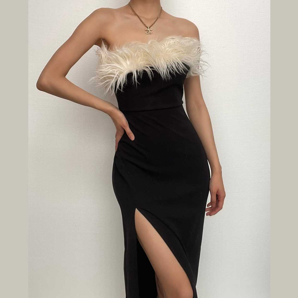 Faux Fur Trim Strapless Tube High Slit Bodycon Midi Dress