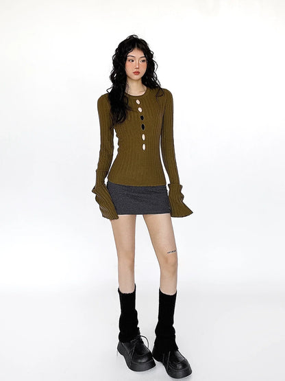 Cutout Ribbed Bell Sleeve Top