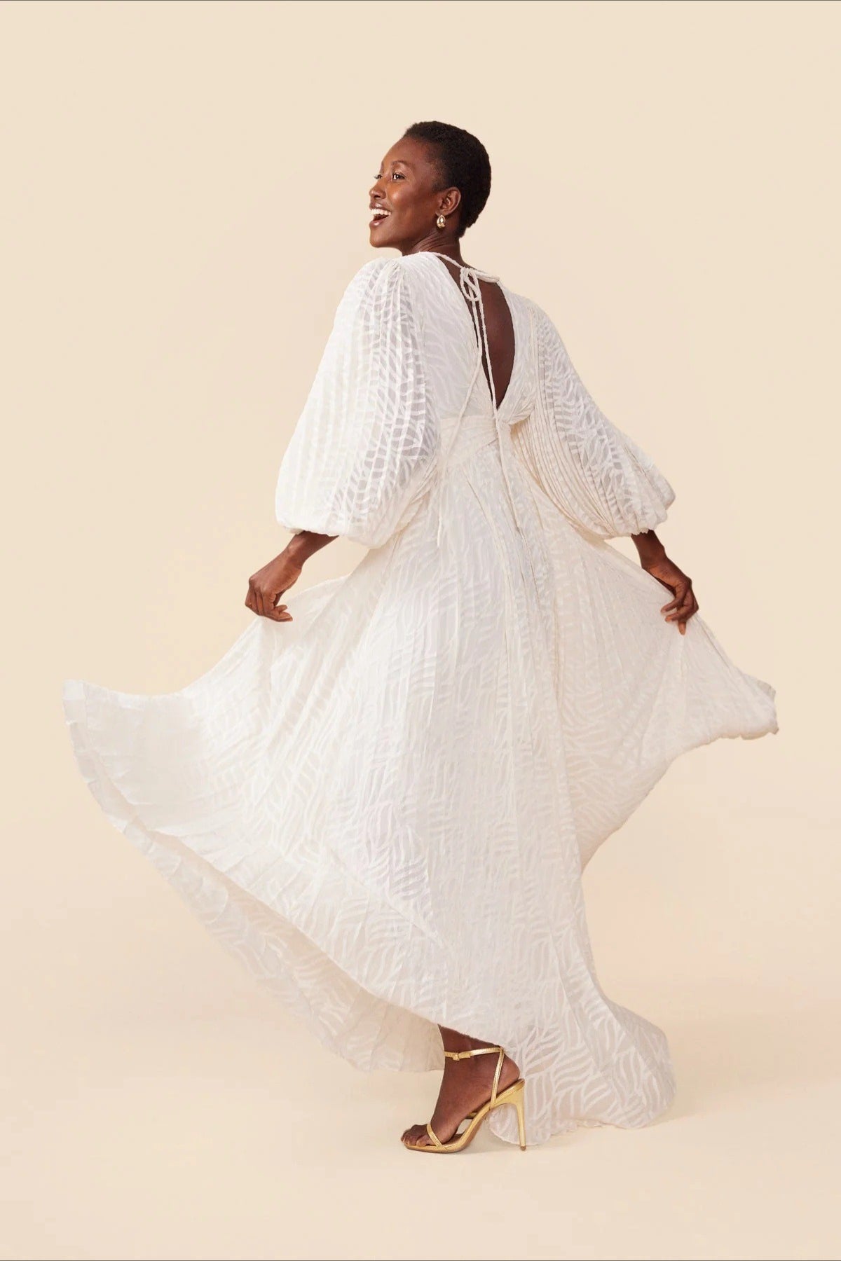 Full Flare Jacquard Ruched Puff Sleeve Backless Tie Maxi Dress