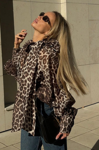 Leopard Print Tie Neck Blouse