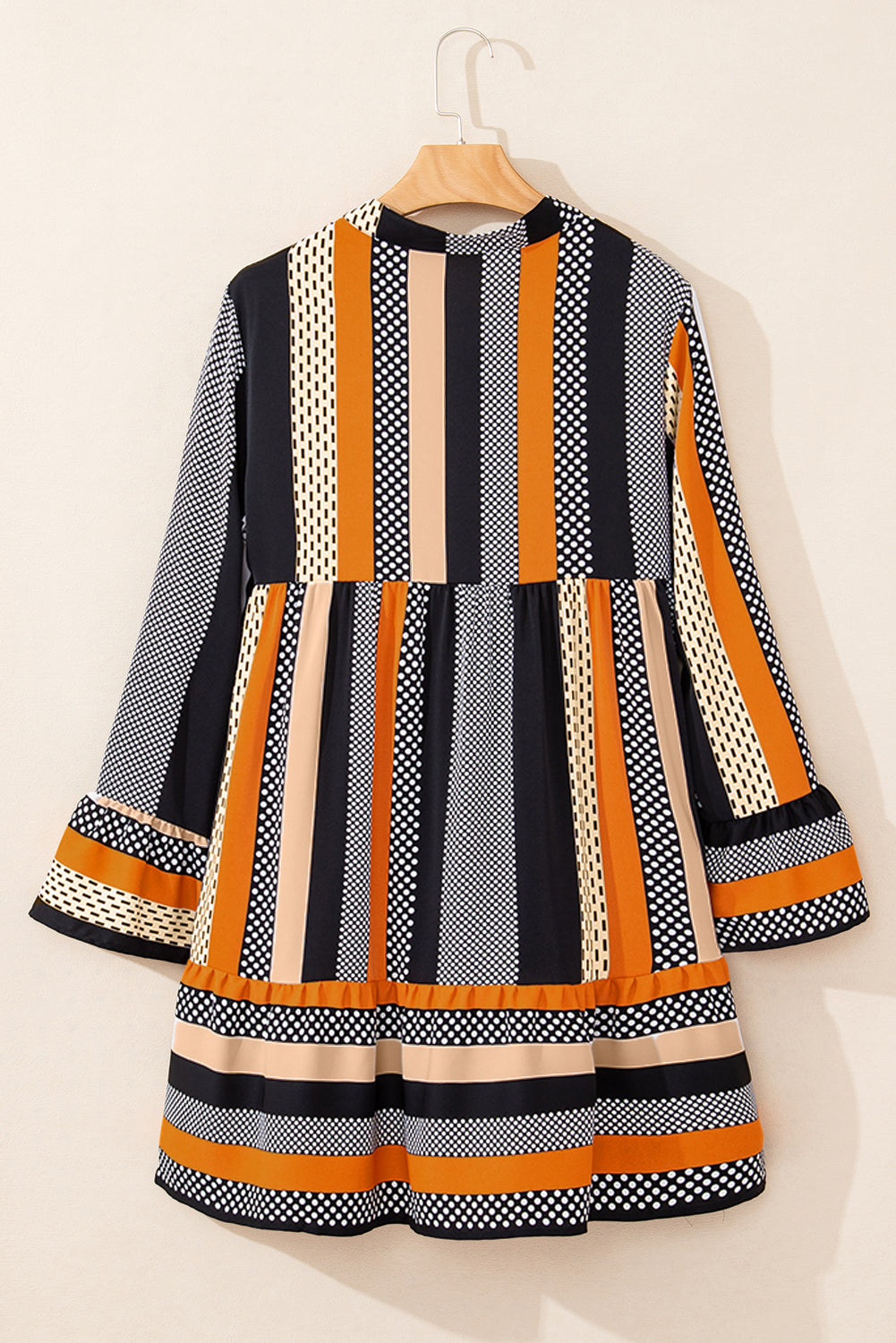 Patchwork Polka Dot Striped Bell Sleeve Tiered Mini Dress