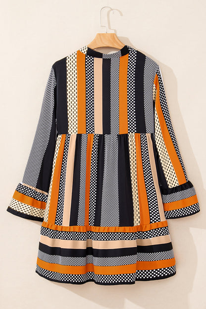 Patchwork Polka Dot Striped Bell Sleeve Tiered Mini Dress