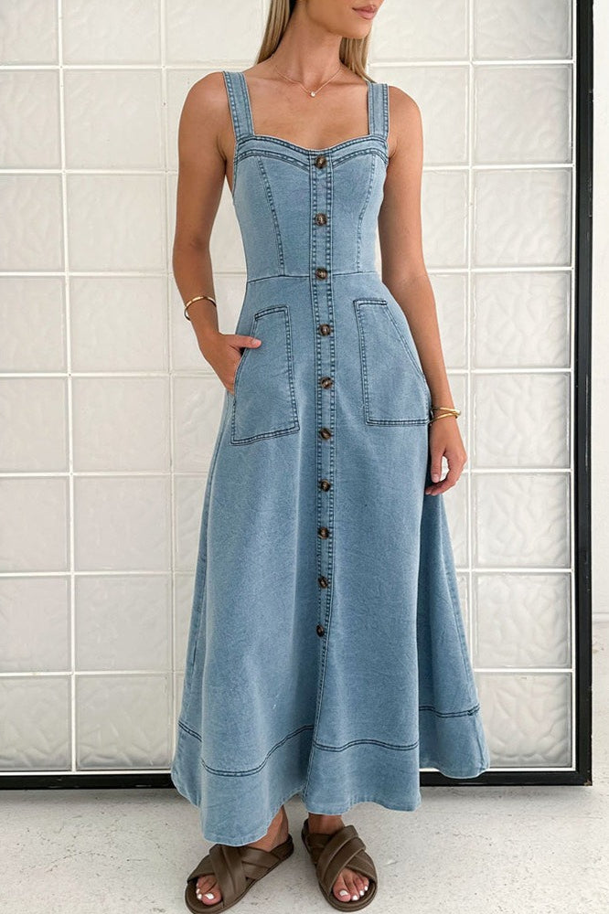 Strappy Backless Maxi Denim Dress