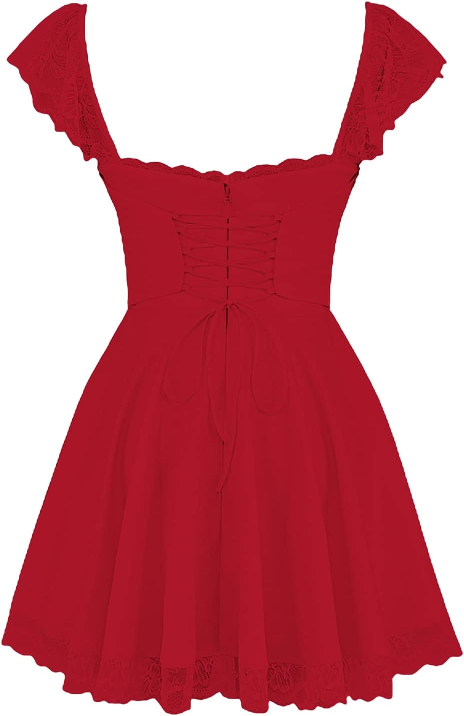 Red Scalloped Cap Sleeve Square Neck Fit and Flare Mini Dress