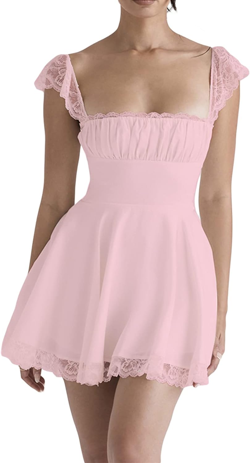 Pink Scalloped Cap Sleeve Square Neck Fit and Flare Mini Dress
