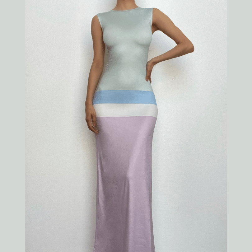 Crew Neck Contrast Panel Band Bodycon Maxi Dress