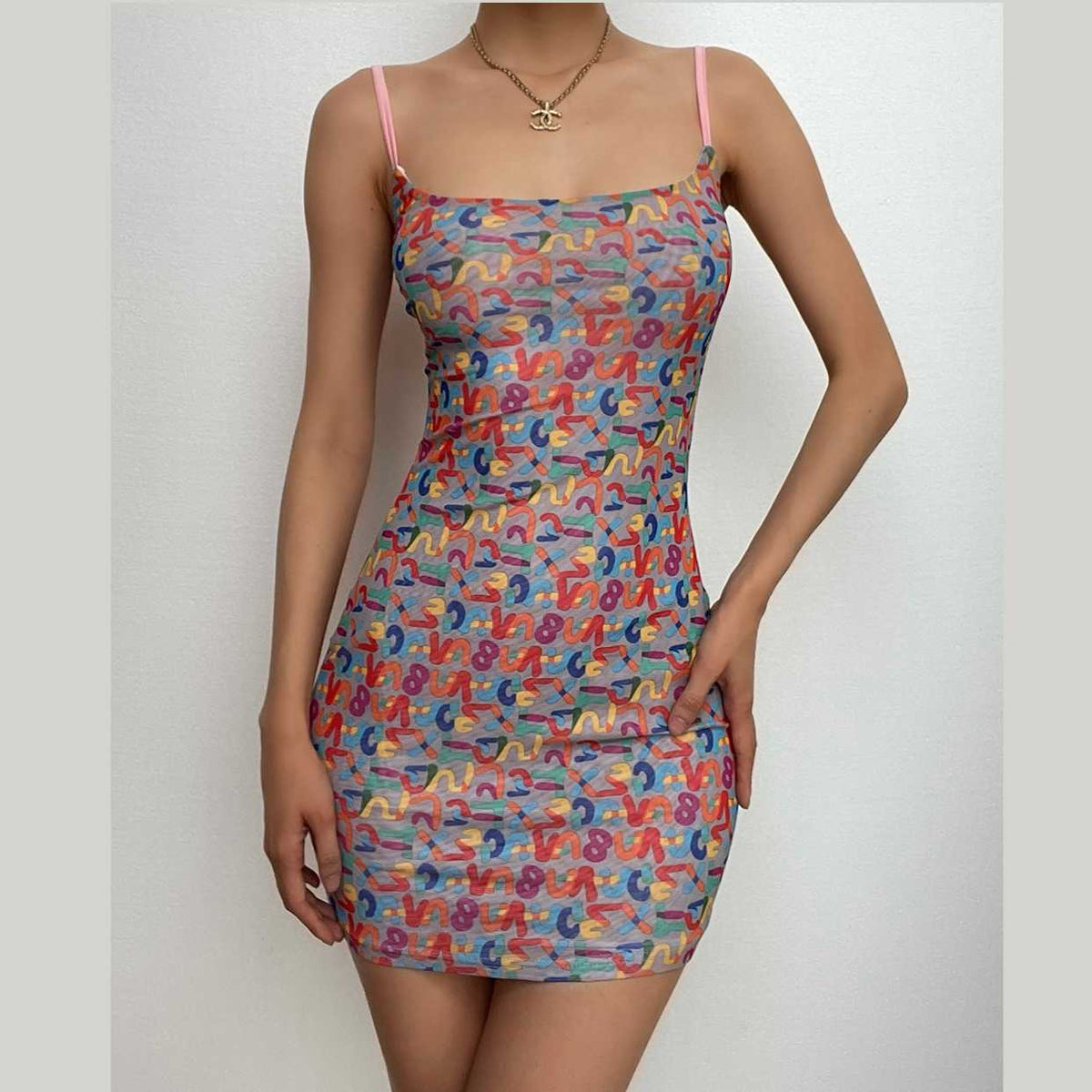 Abstract Print Square Neck Spaghetti Strap Bodycon Mini Dress