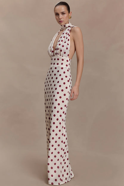 Polka Dot Deep V Tie Bodycon Maxi Dress