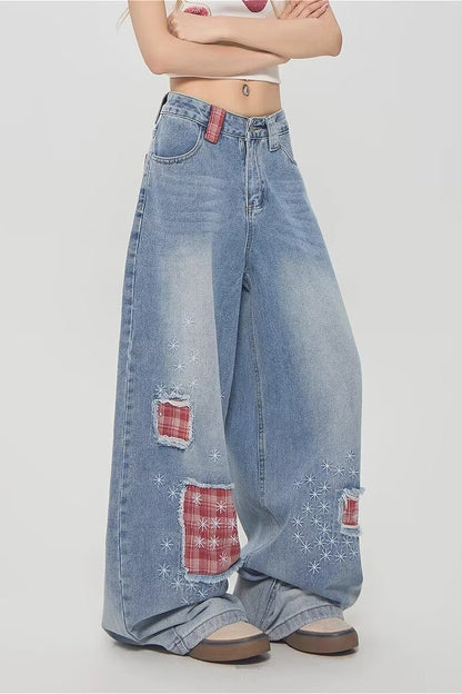 Vintage Plaid Patchwork Distressed Wide-Leg Jeans