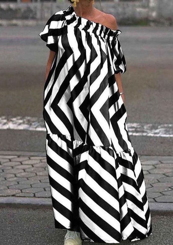 One-Shoulder Ruffle Neckline Chevron Stripe Tiered Maxi Dress