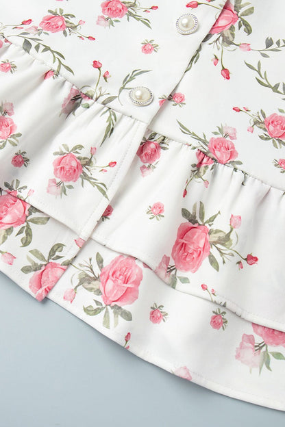 Oversized Collar Puff Sleeve Pearl Button Ruffle Tier Hem Floral Print Mini Dress