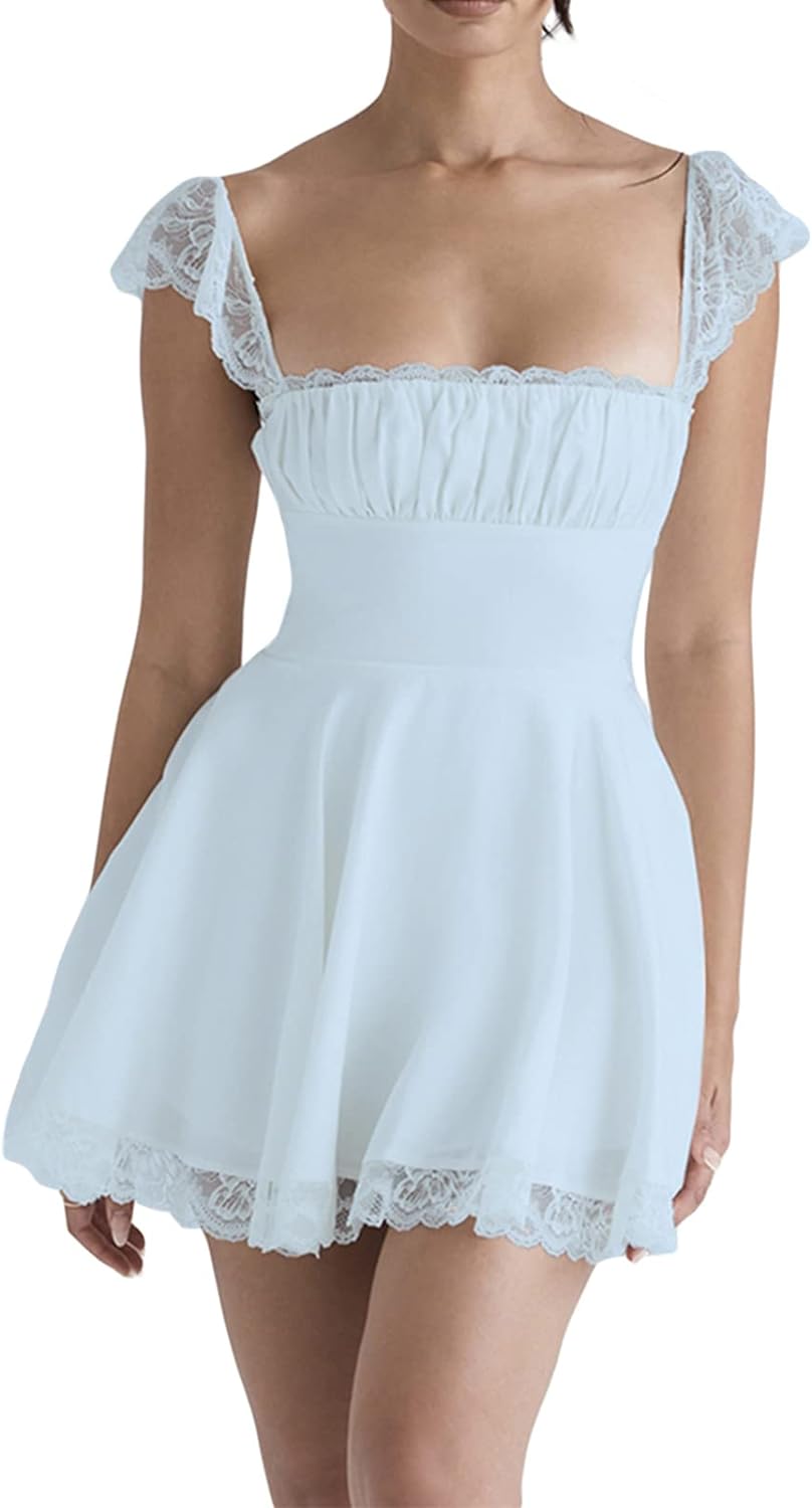 Light Blue Scalloped Cap Sleeve Square Neck Fit and Flare Mini Dress
