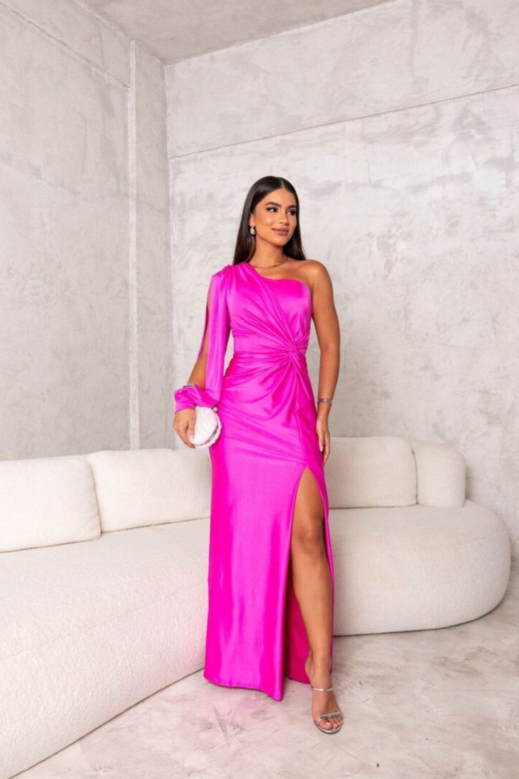 One Shoulder Draped Sleeve Ruched Waist High Slit Satin Maxi Dress