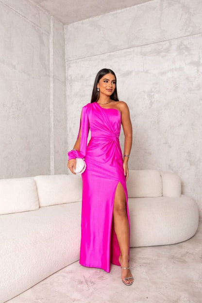 One Shoulder Draped Sleeve Ruched Waist High Slit Satin Maxi Dress