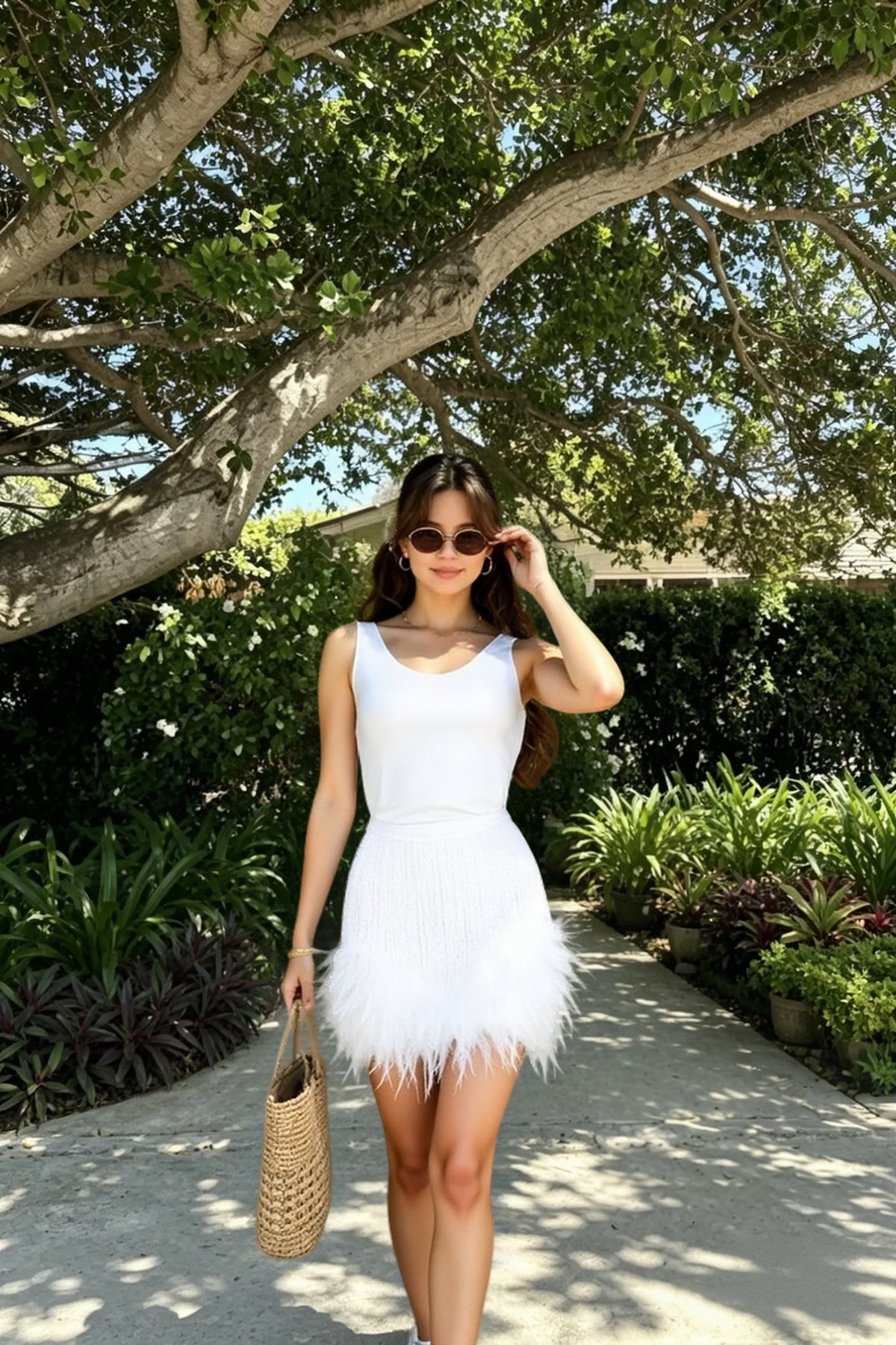 Scoop Neck Sequin Feather Trim Mini Skirt Set