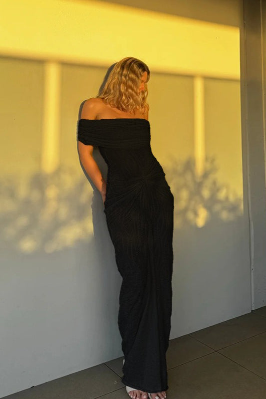 Simple Elegant Fold Over Off Shoulder Pleated Sheath Boho Dress
