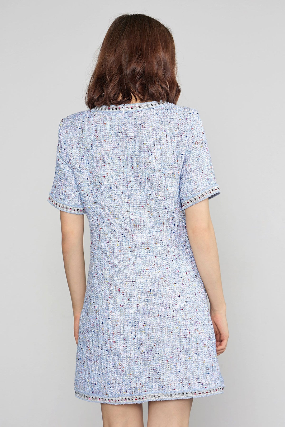 Round Neck Tweed Button Front Flap Pocket Braided Trim Mini Dress
