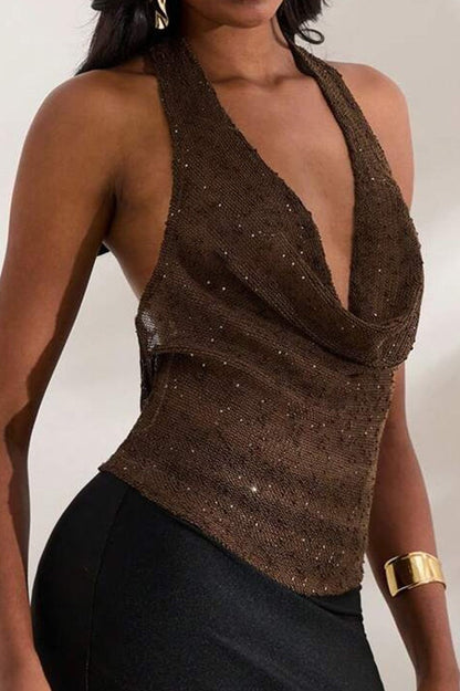 Glitter Solid Sheer Draped Halter Top