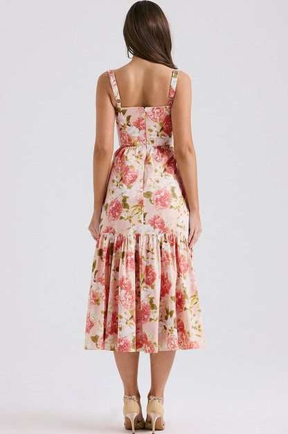 Sweetheart Bustier Wide Strap Floral Tiered Ruffle Midi Dress