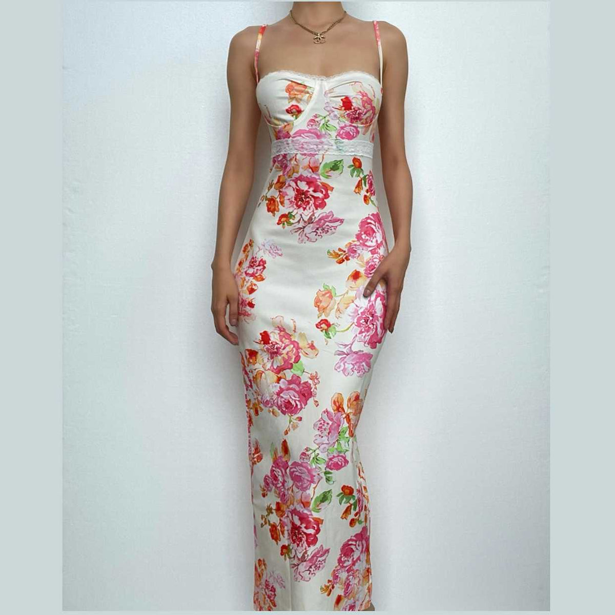 Floral Print Sweetheart Neck Lace Trim Empire Waist Cami Maxi Dress