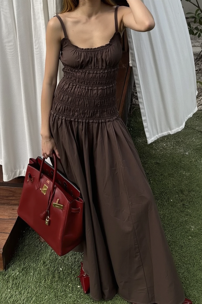 Scoop Neck Ruffle Trim Smocked Bodice Gathered Skirt Maxi Dress