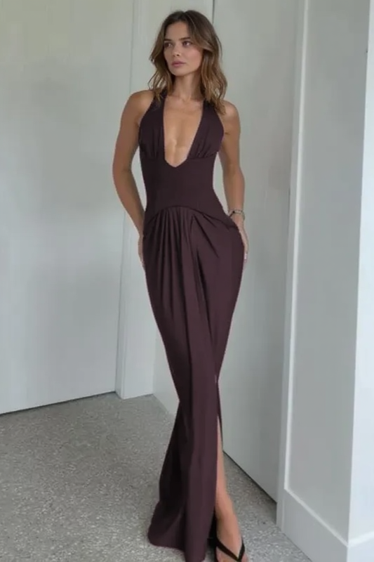 Halter Plunging V Front Drape High Slit Maxi Dress