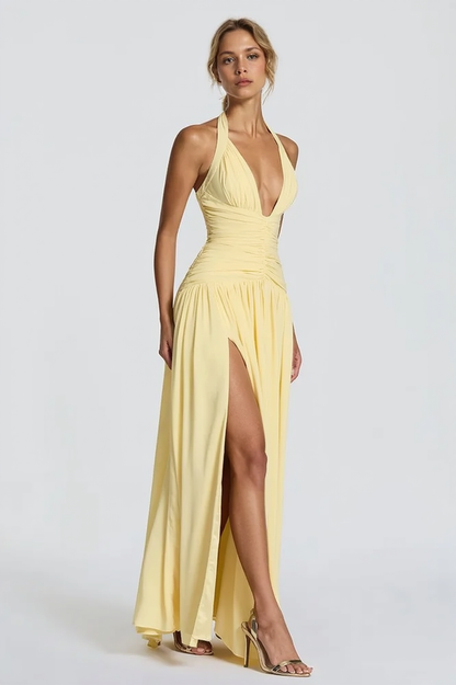 Halter Deep V Neck Ruched Bodice High Slit Maxi Gown