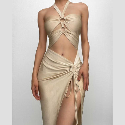 Halter Neck O Ring Cutout Ruched Drawstring High Slit Midi Dress