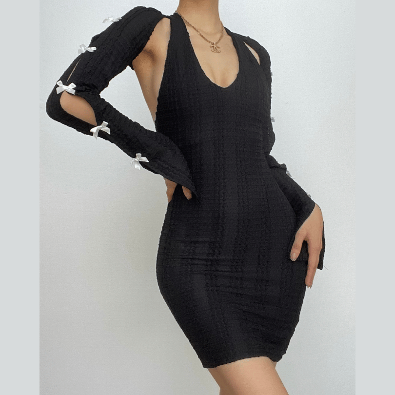 Deep V-Neck Halter Bow Sleeve Cutout Rib Knit Bodycon Mini Dress