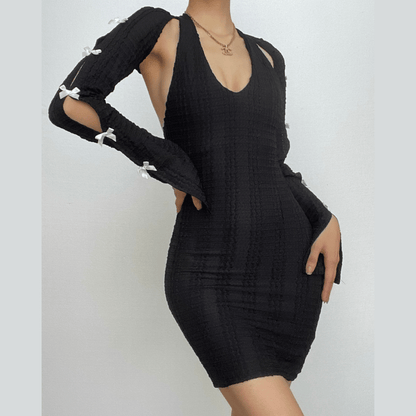 Deep V-Neck Halter Bow Sleeve Cutout Rib Knit Bodycon Mini Dress