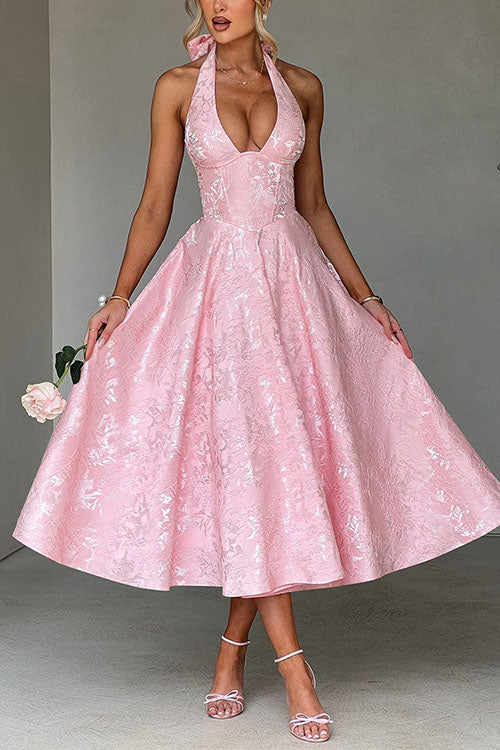 Halter V Neck Waisted Jacquard Swing Midi Party Dress