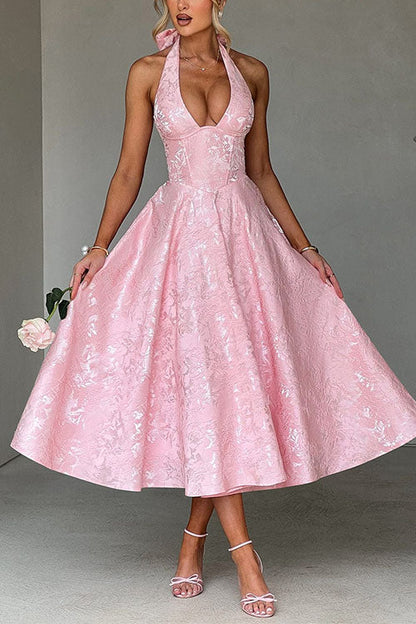 Halter V Neck Waisted Jacquard Swing Midi Party Dress