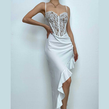 Lace Corset Sweetheart Neck Ruched Ruffle Slit Maxi Dress