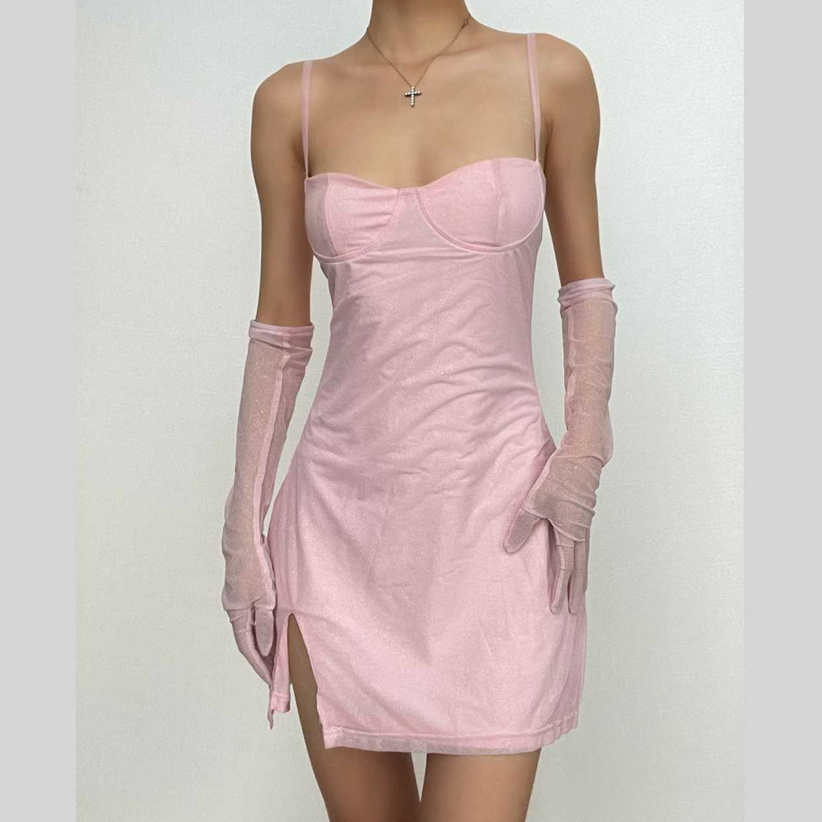 Sweetheart Neck Spaghetti Strap Glitter Side Slit Mesh Glove Mini Dress
