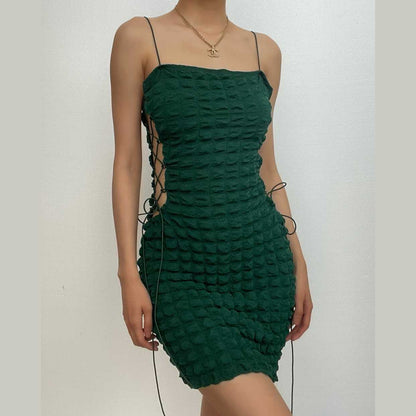 Waffle Texture Square Neck Side Lace Up Cut Out Spaghetti Strap Mini Dress
