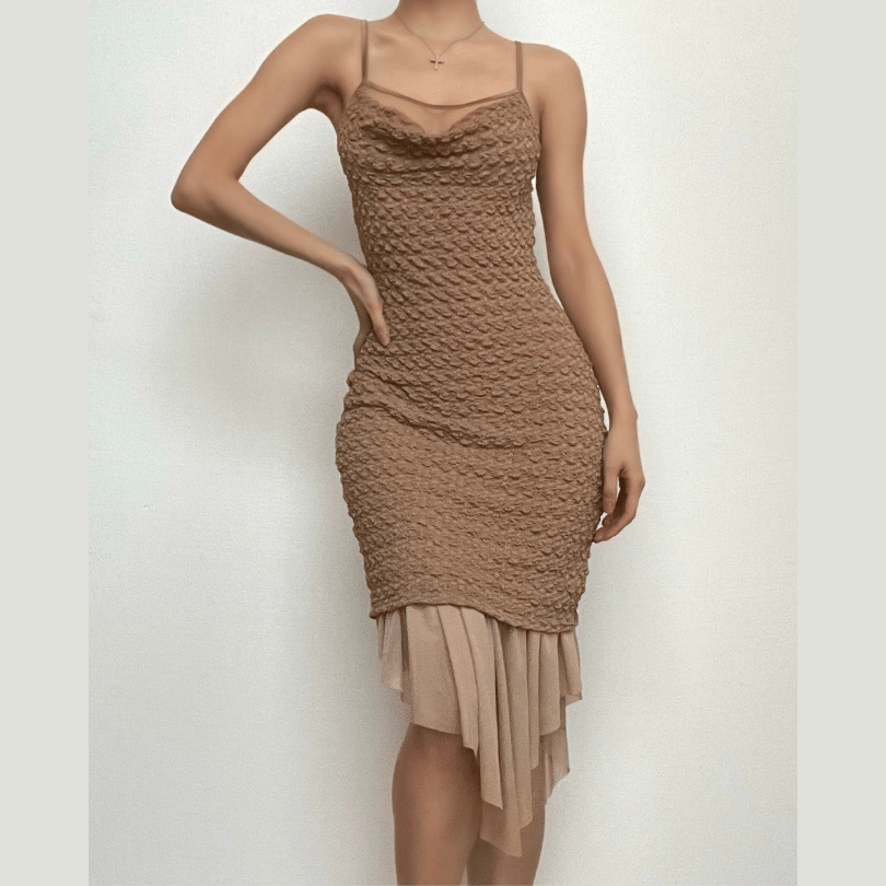 Spaghetti Strap Cowl Neck Popcorn Knit Layered Hem Bodycon Midi Dress
