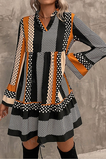 Patchwork Polka Dot Striped Bell Sleeve Tiered Mini Dress
